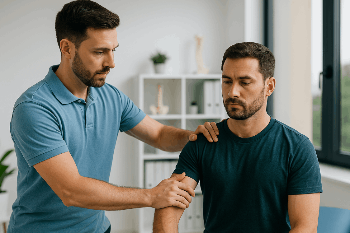 Kinésithérapeute examinant l’épaule d’un patient en consultation.